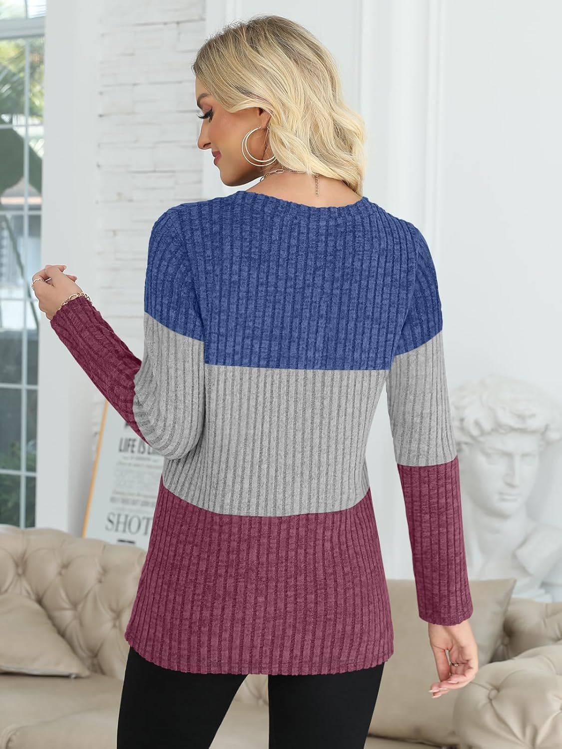 Womens Color Block Tops Striped Lightweight Sweaters Long Sleeve Crewneck Shirts Casual Loose Fit Tunic - Image 4