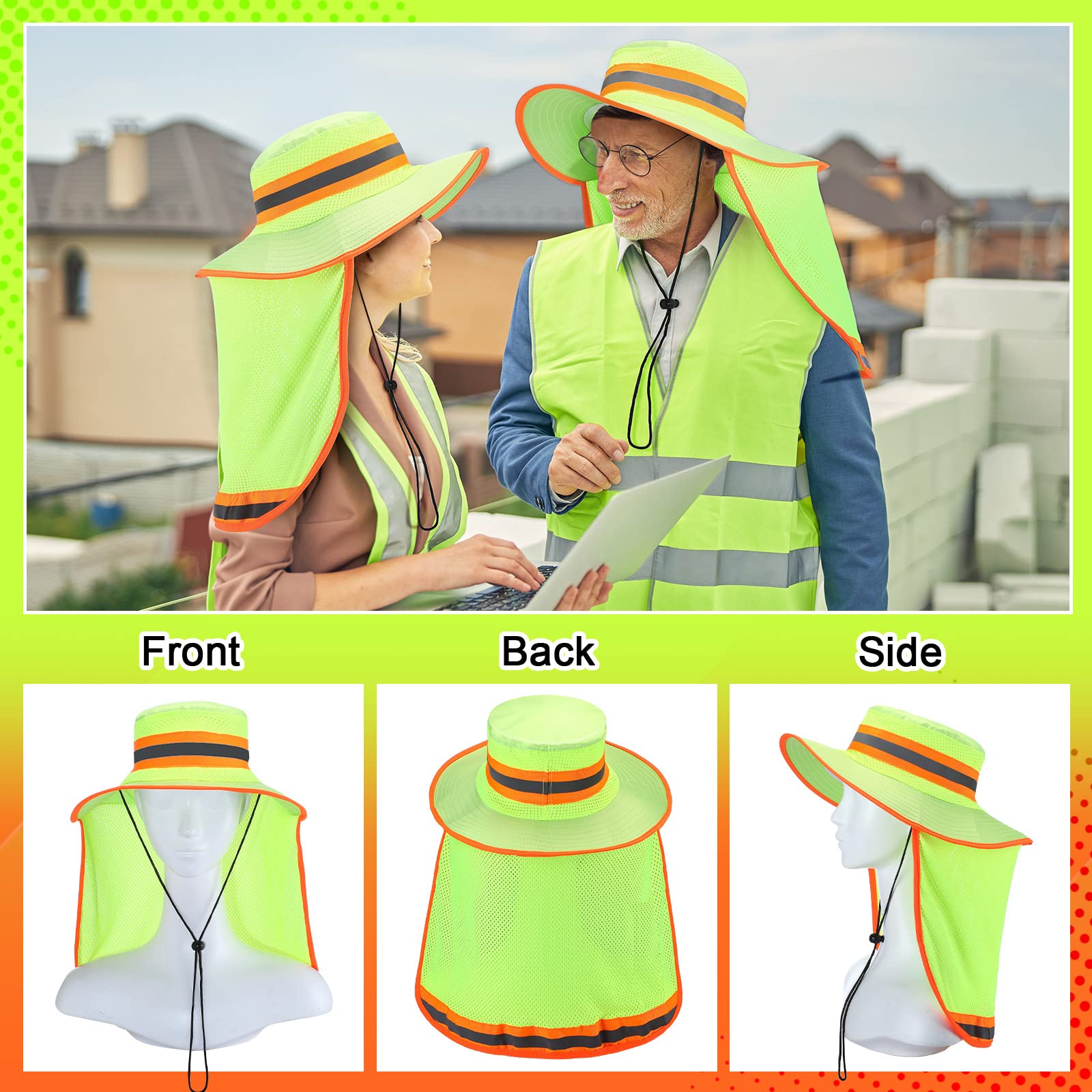 Jexine Cappello riflettente ad alta visibilità con patta per il collo, cappello da sole di sicurezza per gli uomini, cappello da pescatore boonie, 10 pezzi