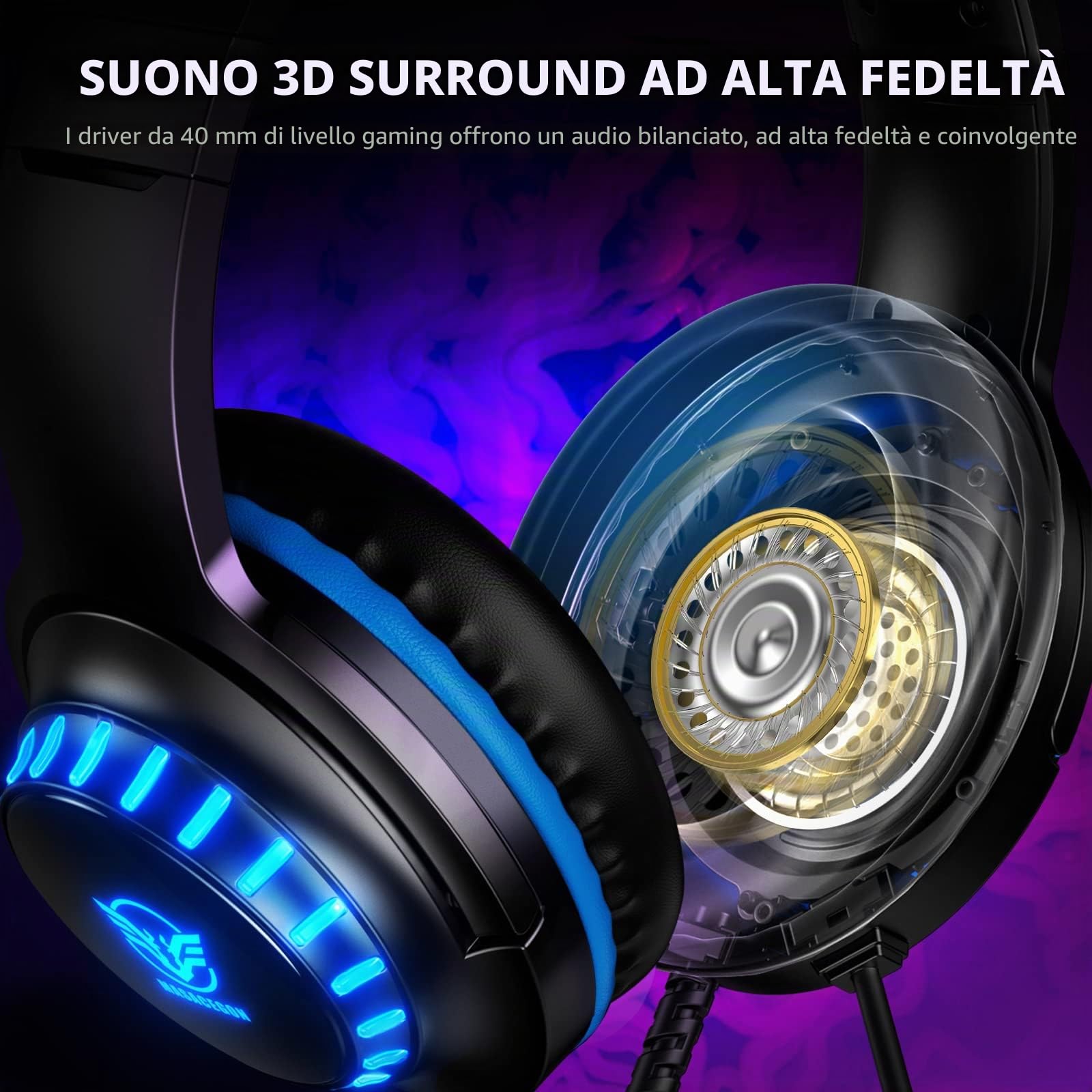 Cuffie Gaming per PS4 Cuffie PS4 Giochi con Microfono per Xbox One,PS5,PS4,Switch,PC,Mac Lampada LED Stereo Bass 3.5mm Surround Sound 7.1 Laptop Tablet Cuffie per Bambini(Nero Blu)
