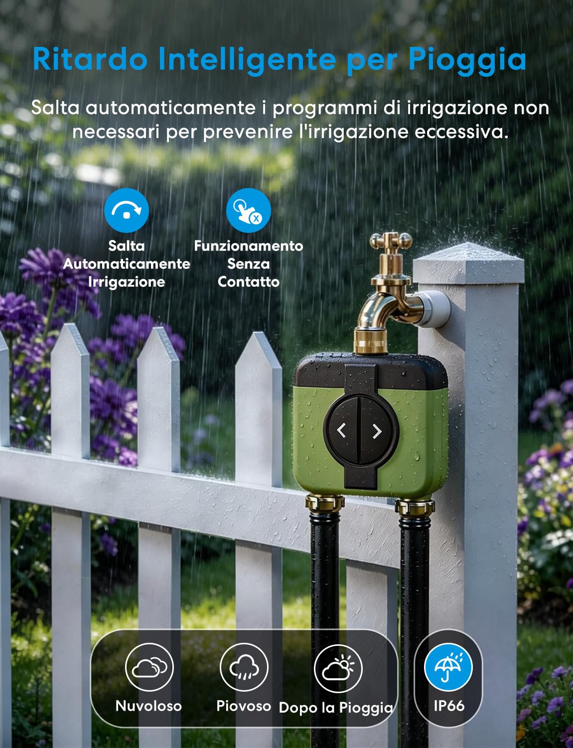 Meross Centralina Irrigazione WiFi 2 Vie MST200, Irrigazione Automatico & Controllo Remoto, Ritardo Pioggia & Monitoraggio Consumo Acqua, Compatibile con Apple Home, Alexa e Google Home, Verde, 2.4GHz
