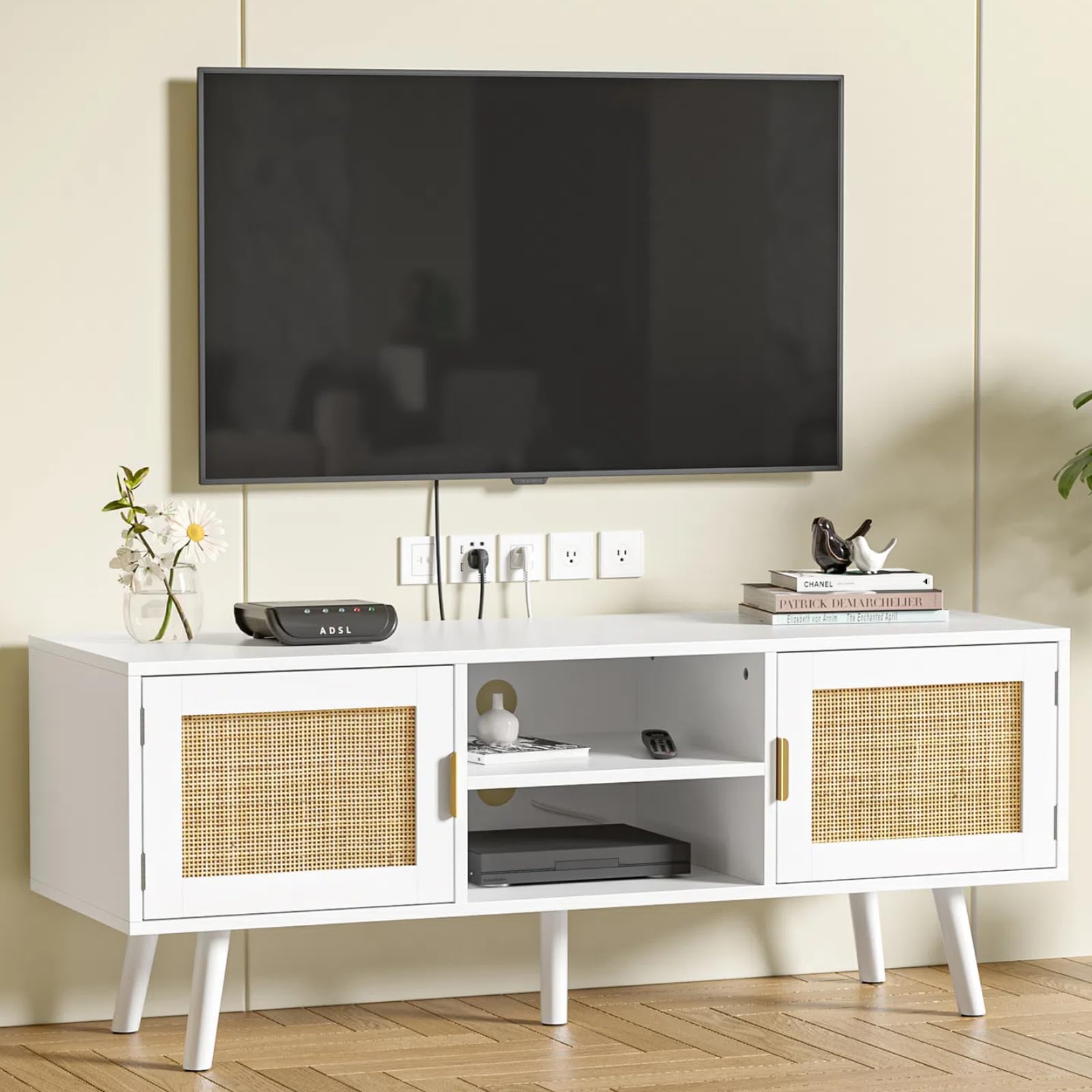 TV Schrank 120 x 40 x 49 cm TV Lowboard mit 2 Türen und 2 offenen Regalfächern, Ráttan Fernsehschrank für Fernseher bis zu 55 Zoll, TV Board für Wohnzimmer, Esszimmer, Schlafzimmer, Weiß