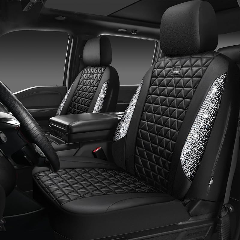 Bling Diamond Leather Car Seat Covers for 2 Front Interior Sets, Waterproof Shining Glitter Sparkly Crystal Universal Armrest Fit Automotive Truck SUV Cute Women Girl, Black Silver Rhinestone