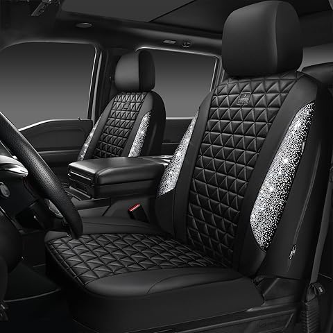 CAR PASS Bling Diamond Leather Car Seat Covers for 2 Front Interior Sets, Waterproof Shining Glitter Sparkly Crystal Universal Armrest Fit Automotive Truck SUV Cute Women Girl, Black Silver Rhinestone