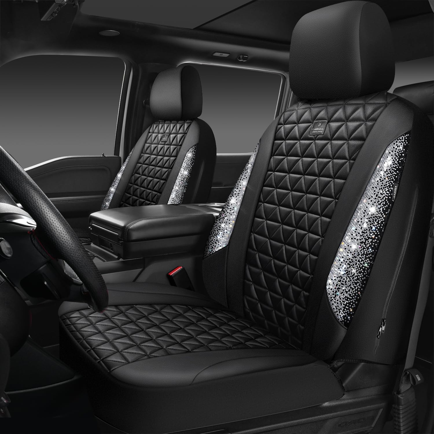 CAR PASS Bling Diamond Leather Car Seat Covers for 2 Front Interior Sets Waterproof Shining Glitter Sparkly Crystal