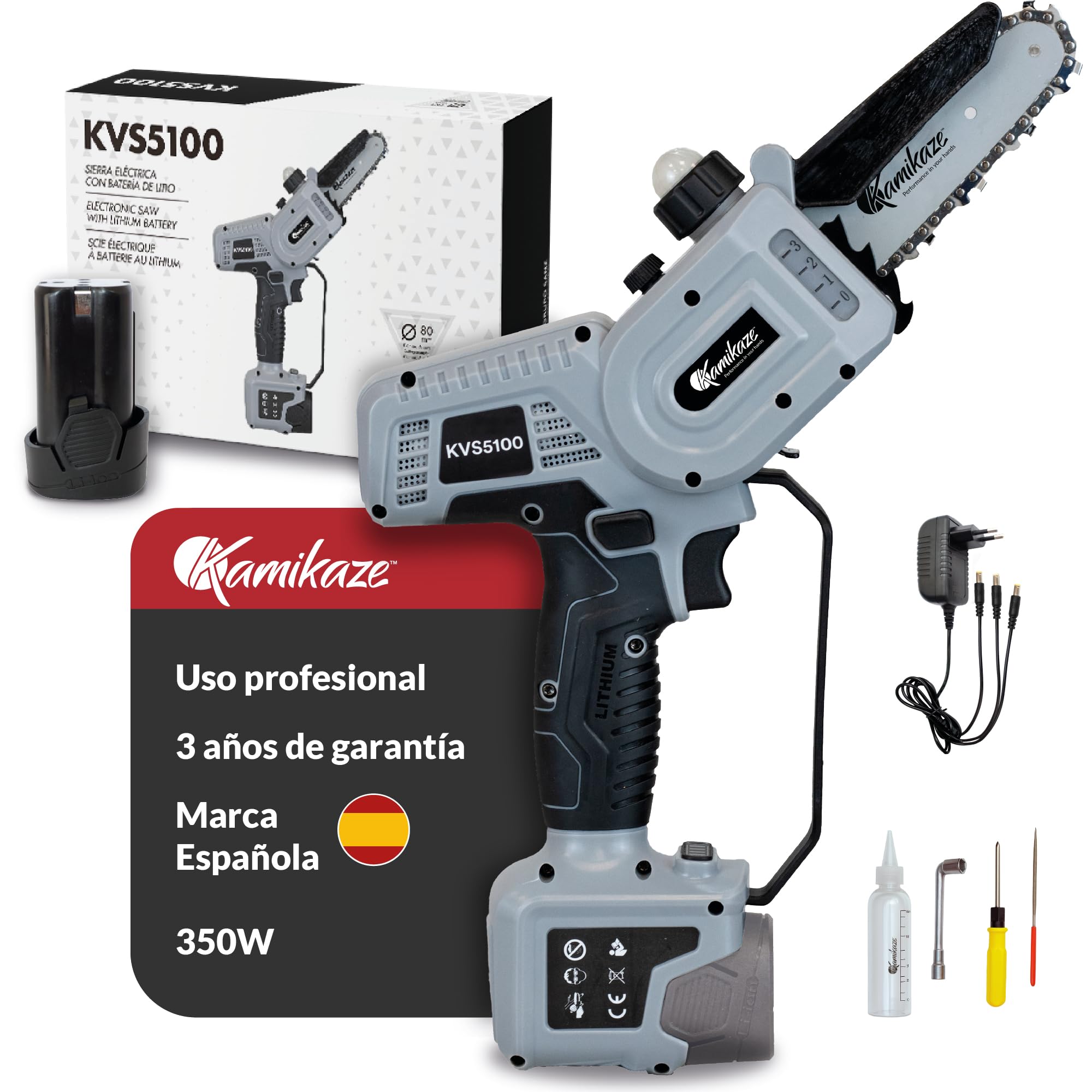 Mini motosierra a batería KAMIKAZE KVS5100 de 5 pulgadas y 350W con luz LED integrada