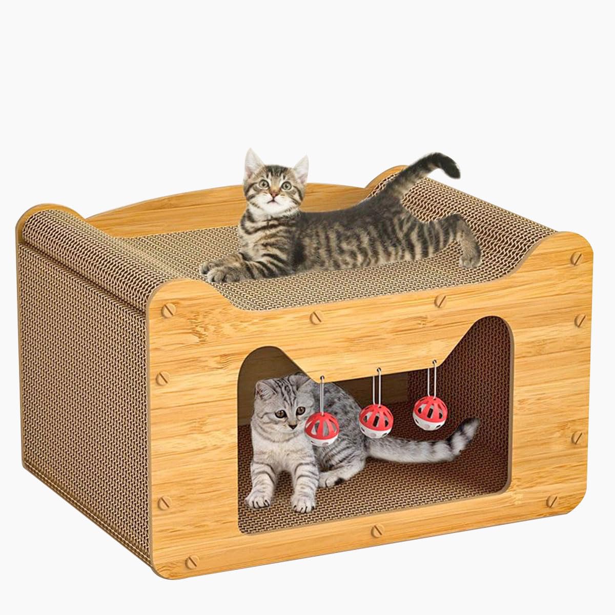 ANTOLECat Scratcher House, Cat Cardboard Sofa Bed with Hanging Ball Toy, Large Space Cardboard Cat Bed Cave Cat Furniture