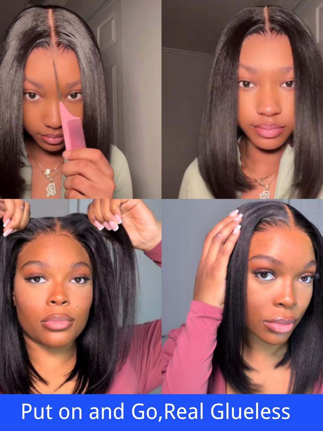Nadula 8inch Yaki Straight Bob Drawstring Wig Human Hair Glueless Pre Cut 7x5 HD Bye Bye Knots Lace Front Wig Pre Plucked Invisible Knots Ready to Wear Short Light Yaki Bob Wigs 150% Density