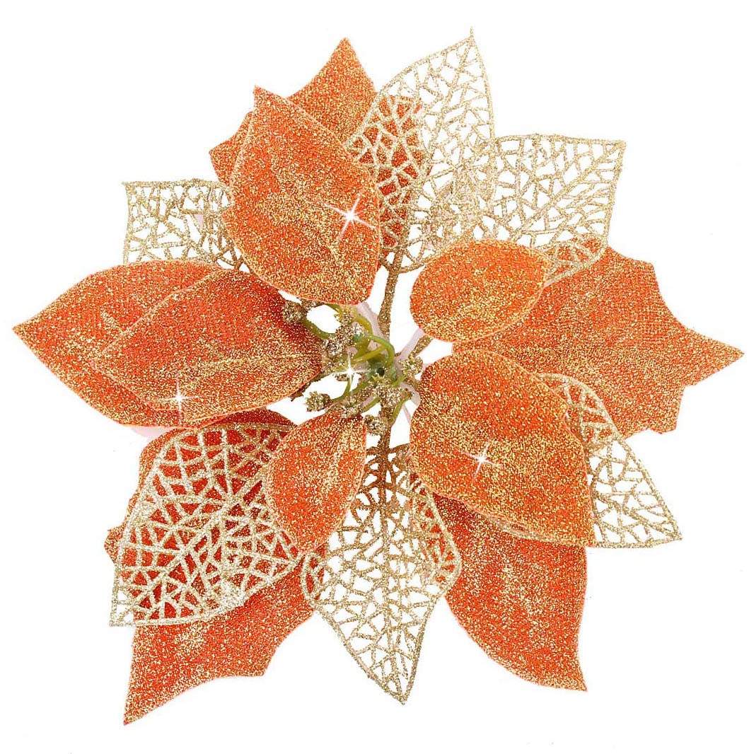 Louiesya Pack of 12 Pcs Glitter Poinsettia Christmas Tree Ornaments,Christmas Decorations Flower (Orange)