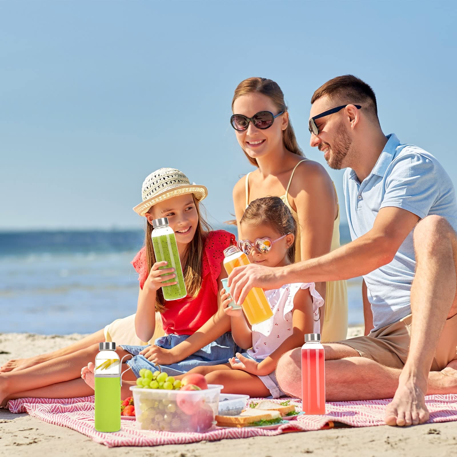 Moretoes Glass Water Bottles, 8pcs 18oz Glass Bottle with Stainless Steel Cap with Colorful Nylon Protection Sleeve, for Juice, Drinks, Portable Water Drinking Bottles