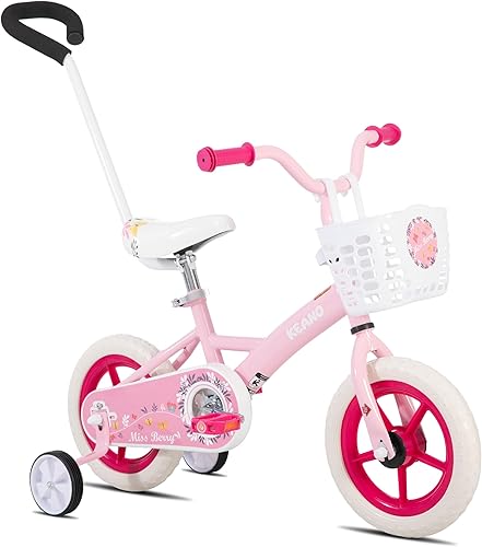 KEANO Voyager 10 12 Inch Kids Bike for Boys and Girls Ages 1-4 Years, Toddler Bike with Training Wheels & Basket, Detachable Parent Push Handle,