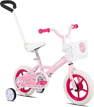 KEANO Voyager 10 12 Inch Kids Bike for Boys and Girls Ages 1-4 Years, Toddler Bike with Training Wheels & Basket, Detachable Parent Push Handle, Children Bicycle