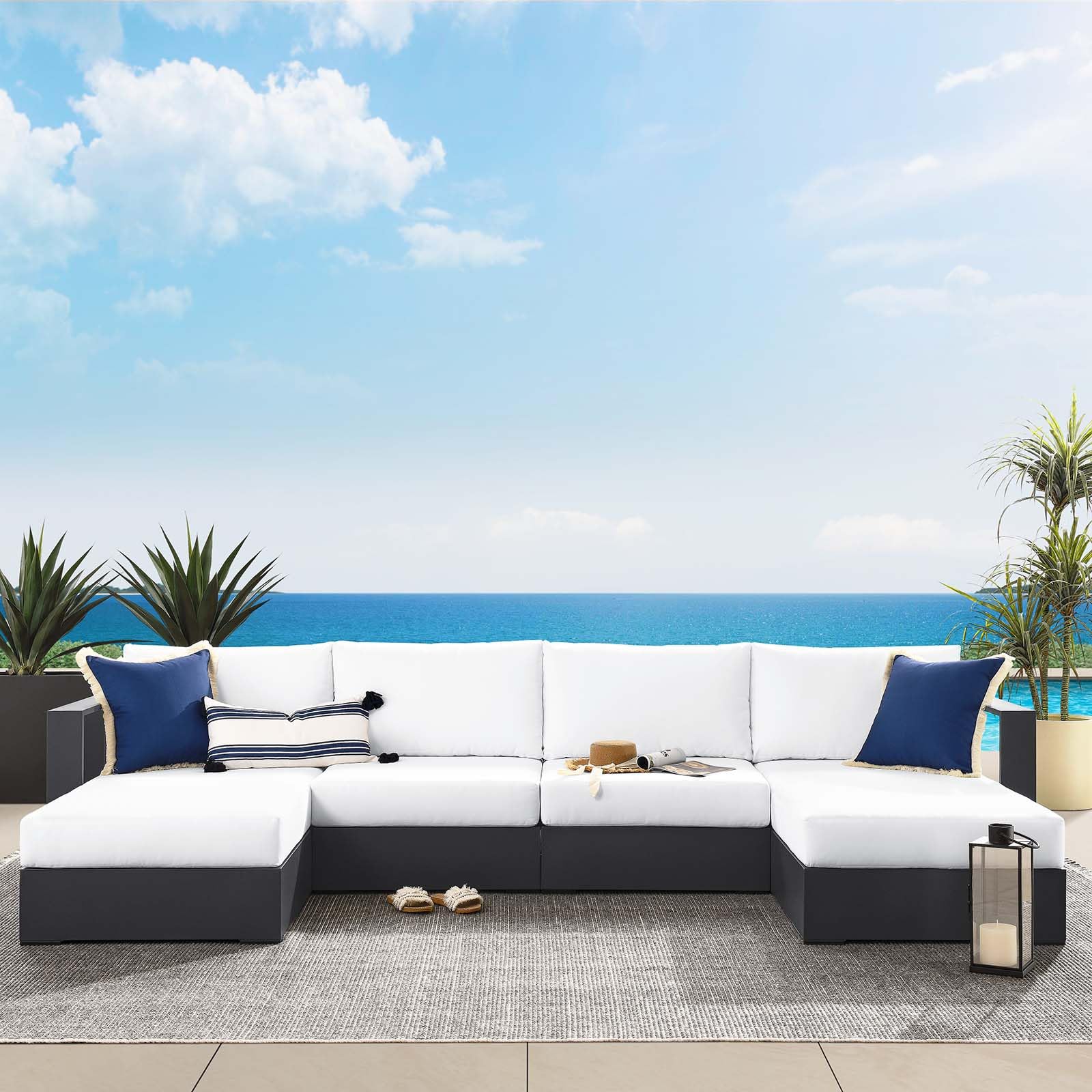 Modway Tahoe Aluminum 4-Piece Outdoor Patio Furniture Gray White, Modular Sectional Sofa Set with Chaise Lounges, Weather-Resistant Cushion, Ideal for