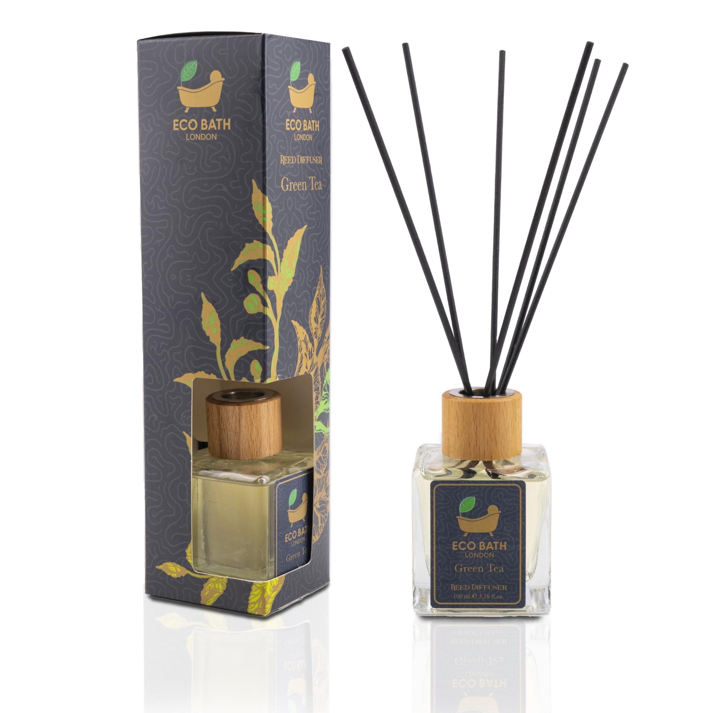 Eco Bath London Reed Diffuser Collection - Long-Lasting Home Fragrance with Natural Essential Oils | Elegant Room Decor & Multiple Scents | Non-Toxic & Eco-Friendly (Green Tea)
