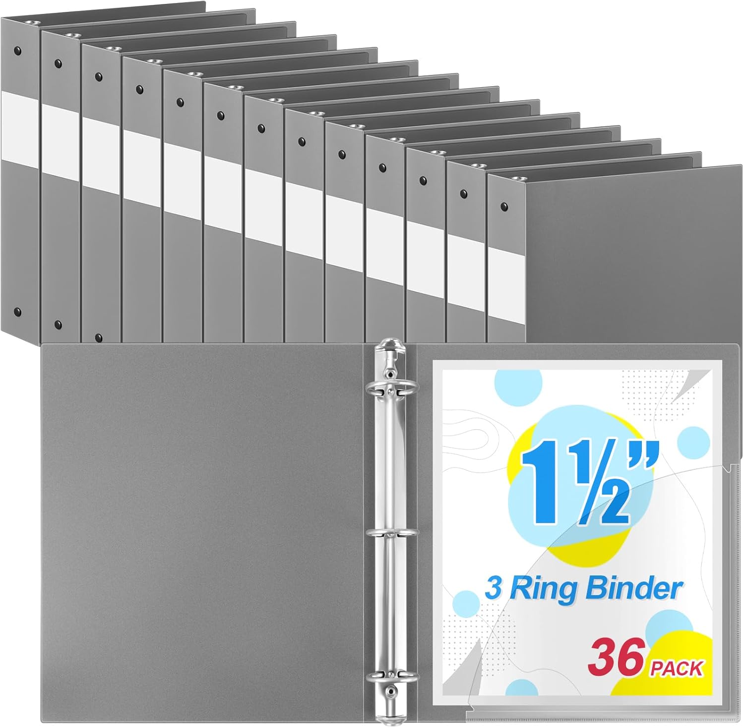 Henoyso 36 Pcs 3 Ring Binder 1.5 Inch Plastic Flexible Round Binder Fits Letter Size 8.5 x 11 Inch Paper Holds 300 Sheets with 1 Pockets for Office School (Gray)