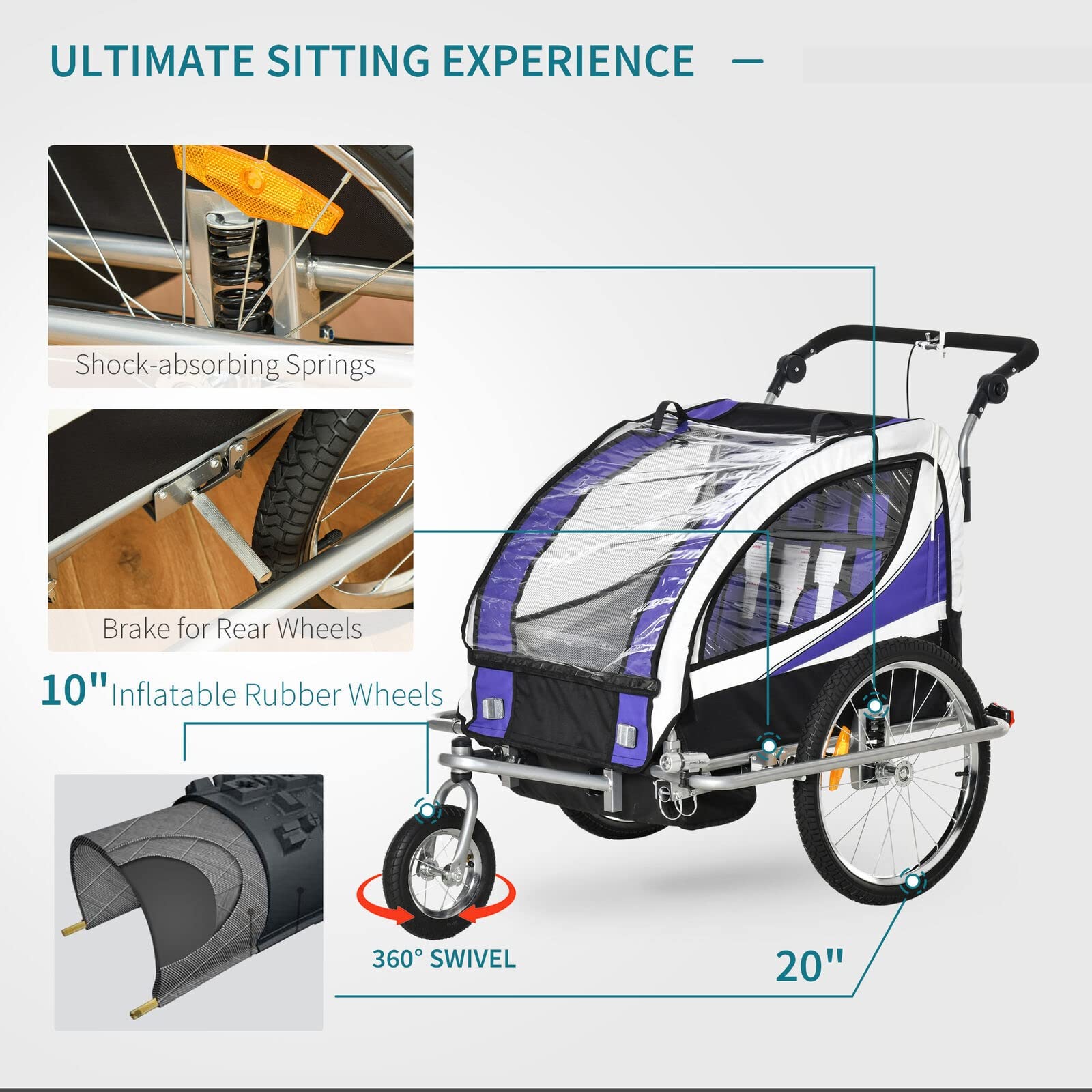 Przyczepka rowerowa dla dzieci Przyczepka rowerowa dla 2 dzieci Obrotowa o 360° z diodą LED