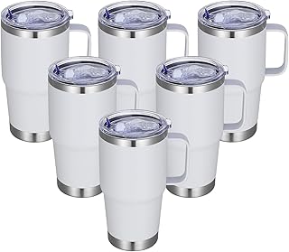 20 oz Stainless Steel Tumbler with Handle Bulk Metal Insulated Tumblers Travel Coffee Mug with Handle Double Wall Tumbler Cup with Lid and Straw, White 6 Pack