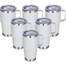 20 oz Stainless Steel Tumbler with Handle Bulk Metal Insulated Tumblers Travel Coffee Mug with Handle Double Wall Tumbler Cup with Lid and Straw, White 6 Pack