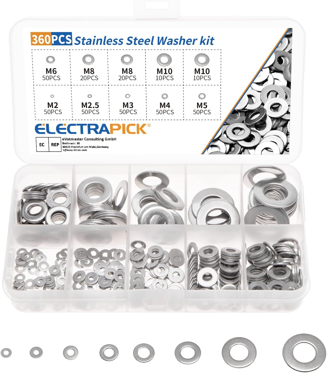 ELECTRAPICK 360Pcs Stainless Steel Flat Washers Assortment Washers Hardware Set, 8 Sizes M2 M2.5 M3 M4 M5 M6 M8 M10, Durable and Rustproof for Home Decoration Factories Repair Construction