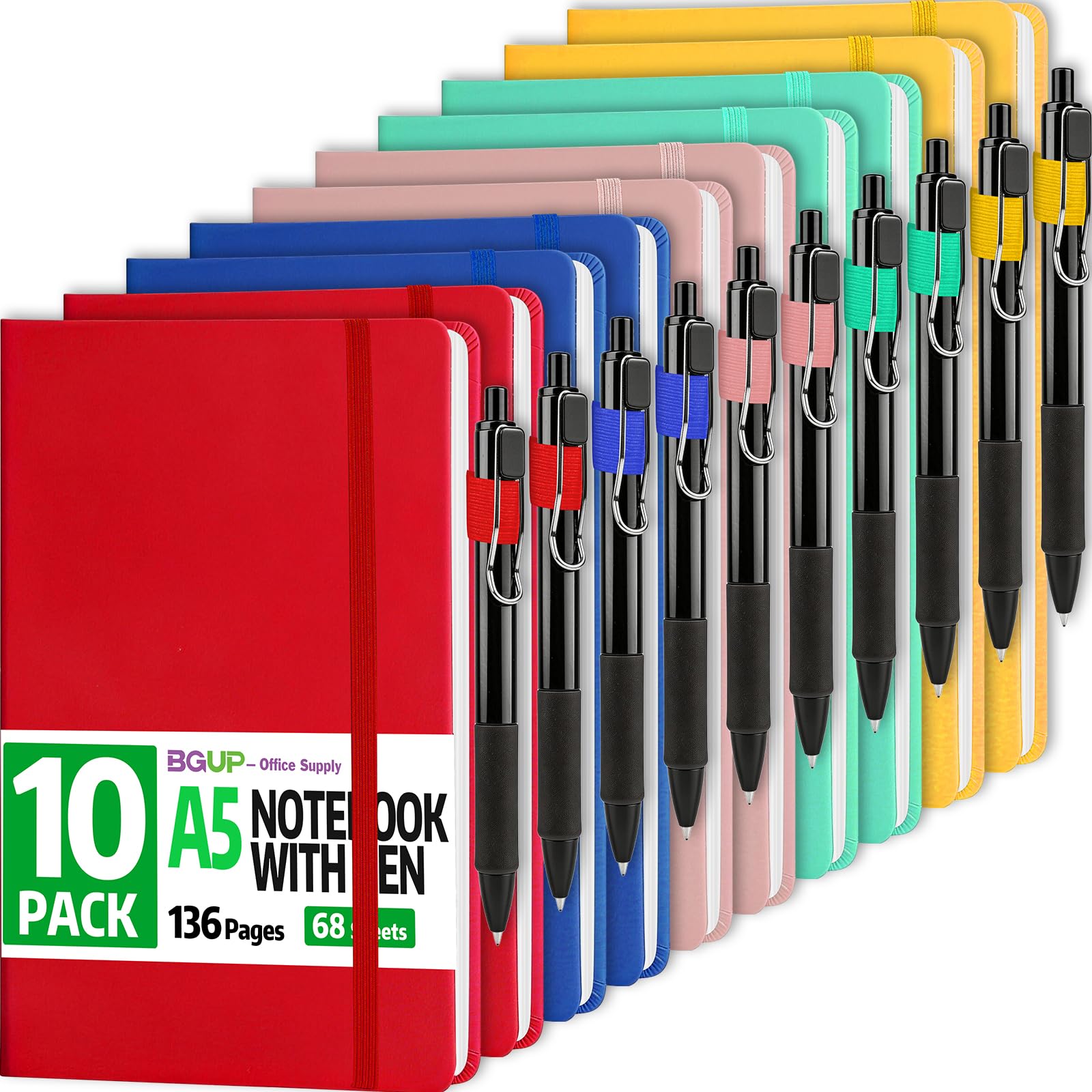 Confezione da 10 quaderni a righe con penna, formato A5, copertina rigida in pelle, 14 x 21,1 cm, 5 colori, 136 pagine, set di quaderni a righe e penna, per ufficio, scuola, lavoro