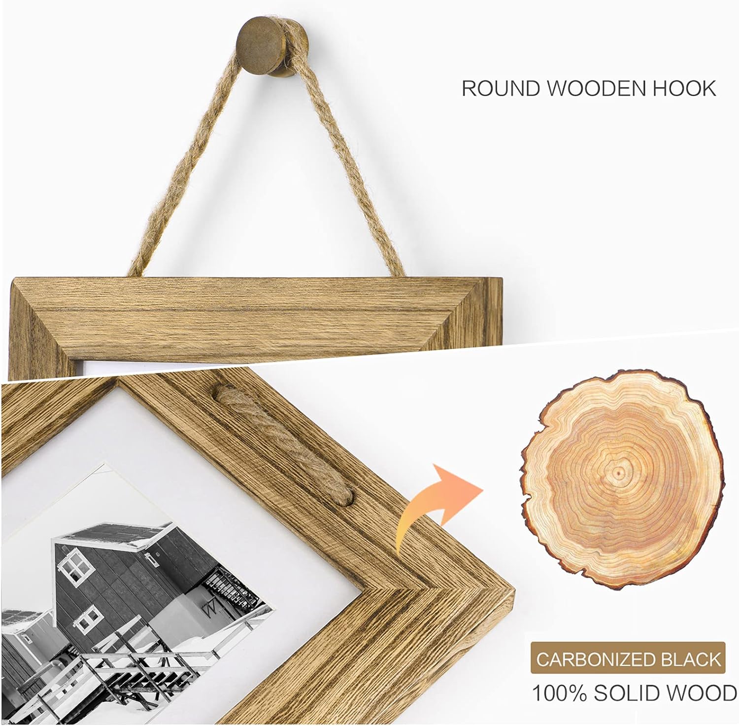 DLQuarts 5x7 Hanging Collage Picture Frames Wall Decor, 4-Opening 5x7 Matted to 3.5x5 Photo Rustic Wood Frame with Hemp Rope, 2 Pack, Carbonized Brown - Image 5