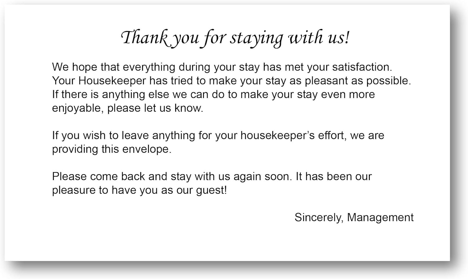 Housekeeping Hotel Motel Tip Gratuity Envelope Gummed Seal White 3 11/16 by 6 1/2 Inch