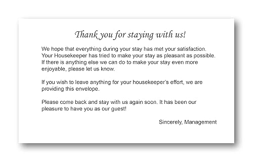 Housekeeping Hotel Motel Tip Gratuity sobre – Sello engomado – Blanco – 3 11/16 x 6 1/2 pulgadas (paquete de 100)