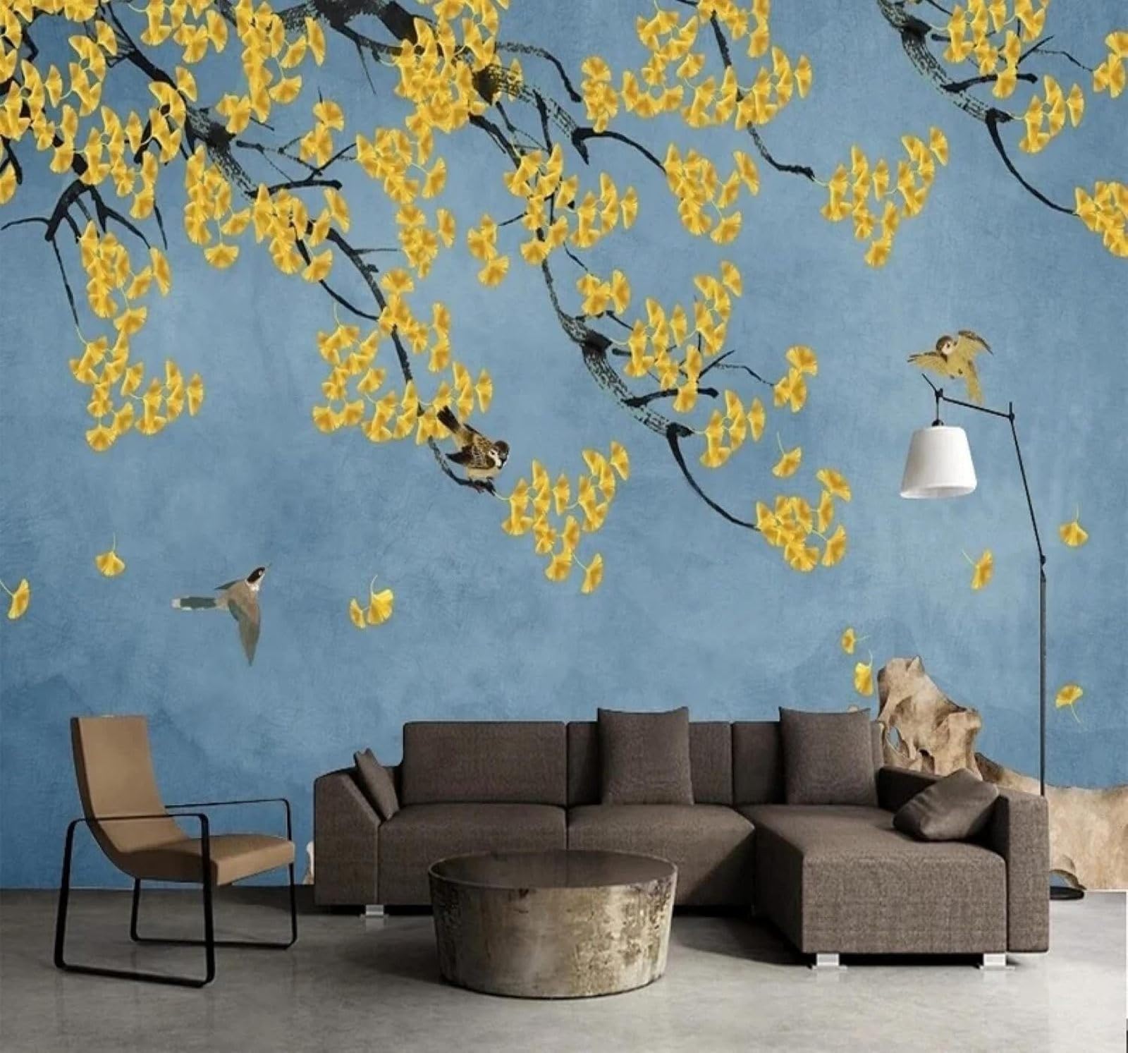 XLMING Elegant Hand Drawn Golden Ginkgo Leaves Birds in Flight 3D Wallpaper Premium Textured Silk Study Dining Living Room Bedroom Sofa TV Wall Easy Install-430cm×300cm