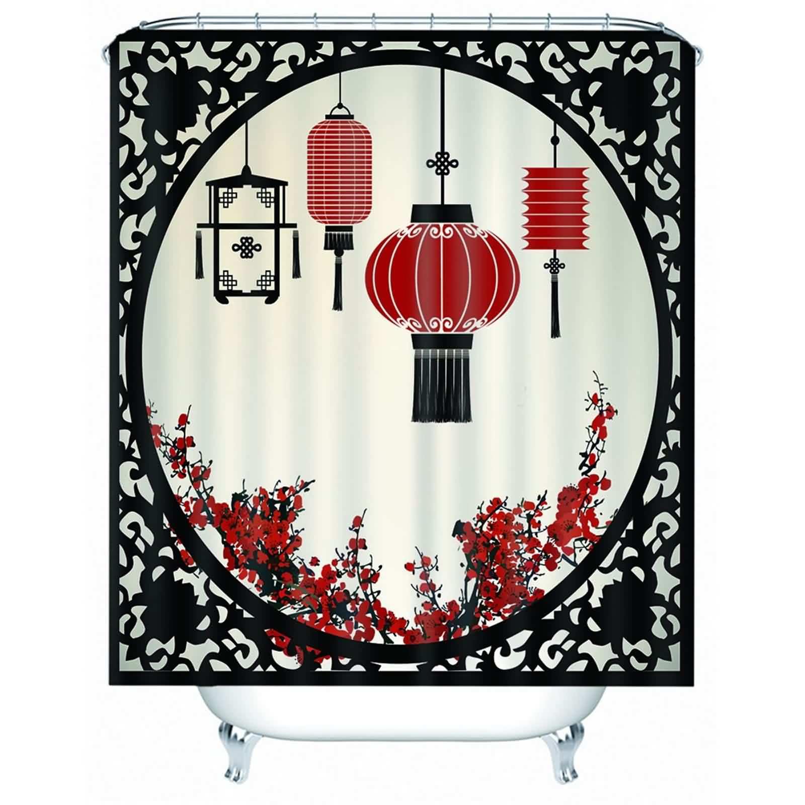 Rideau de douche en tissu de qualité supérieure lavable design lanterne fleur rouge noir 3D