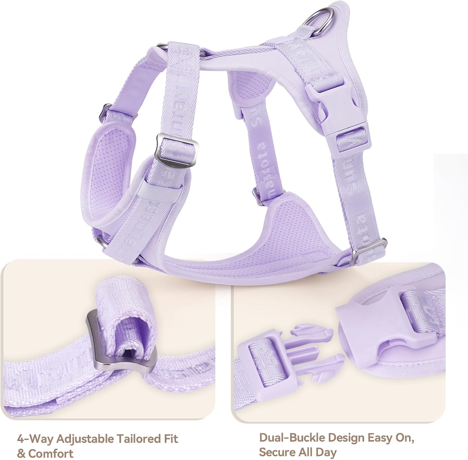 No Pull Dog Harness with Lycra, Three-Point Force Dispersion & 3D Padding, Adjustable Breathable Mesh for Small Medium Large Dogs(Light Purple,L)