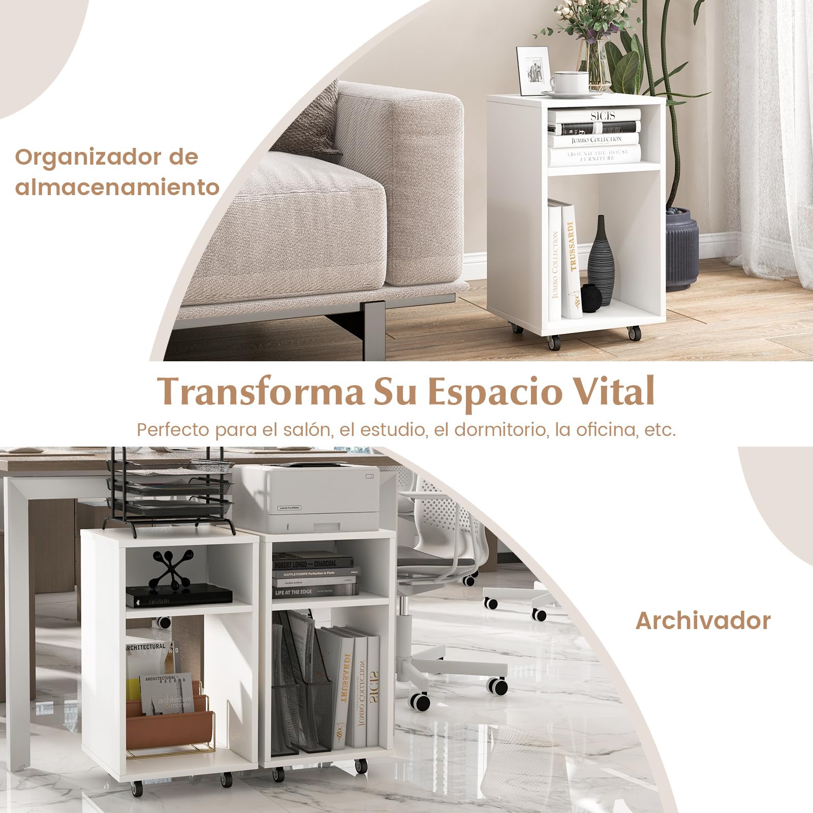 COSTWAY Cajonera Escritorio, Cajonera Oficina con 2 Estantes Abiertos, Cajonera con Ruedas, 33 x 30 x 58 cm, Soporte para Impresora Casa, Oficina, Blanco