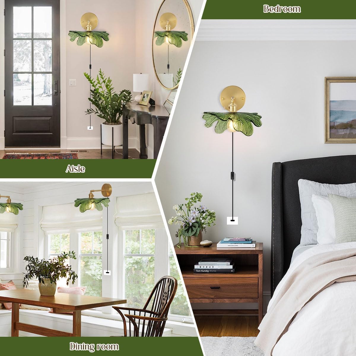 E27 Wandleuchte Innen Dimmbar Wandlampe mit Schalter 180° Drehung Wandlampe Vintage Höhenverstellbar Grüne Glas Nachttischlampe mit Stecker für Schlafzimmer Flur Küche Wandbeleuchtung