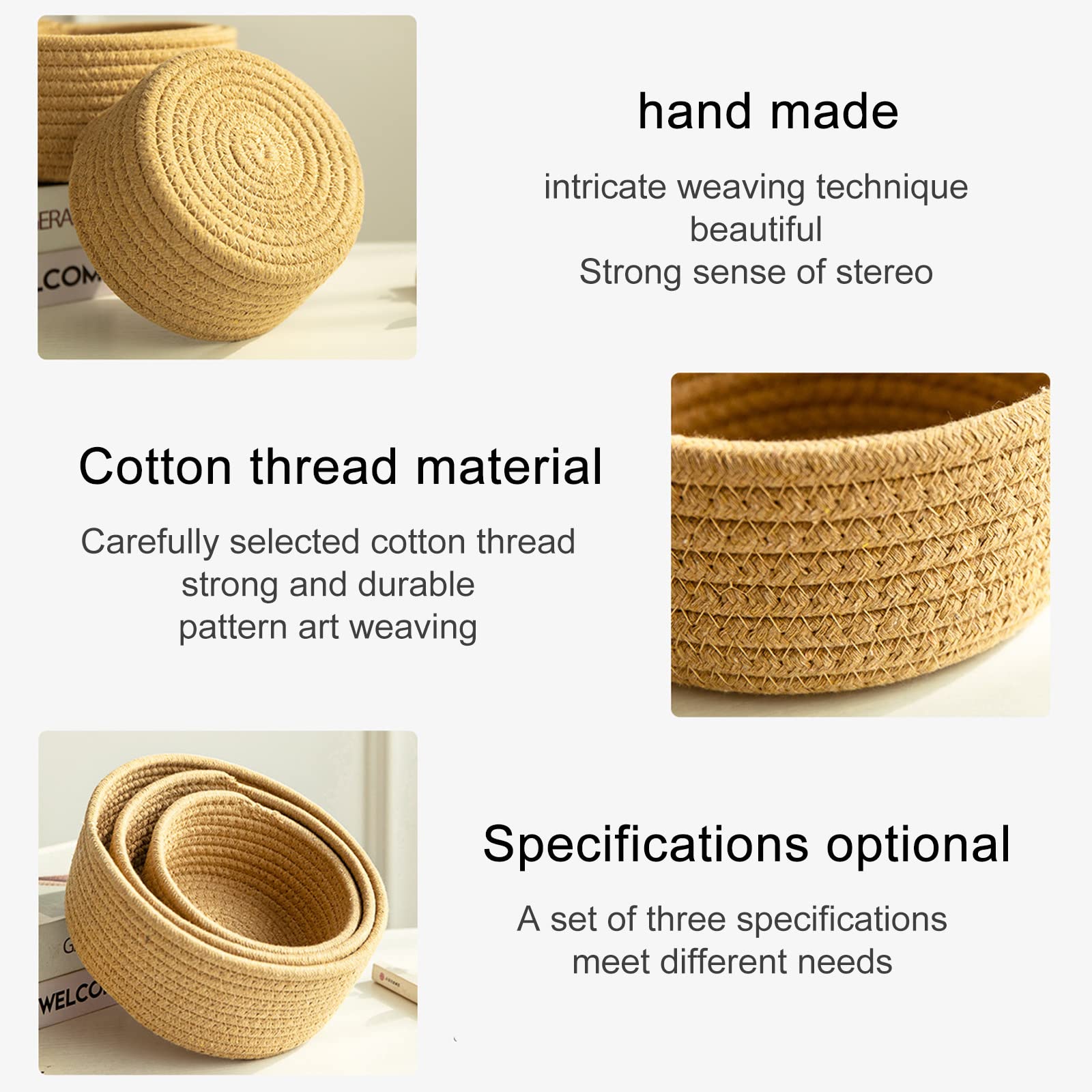 MISNODE Ronde opbergmand set van 3, geweven opbergmand voor woonkamer badkamer opbergmand voor handdoeken leuke ronde mand, mini-tafelmand organizer voor kleine accessoires