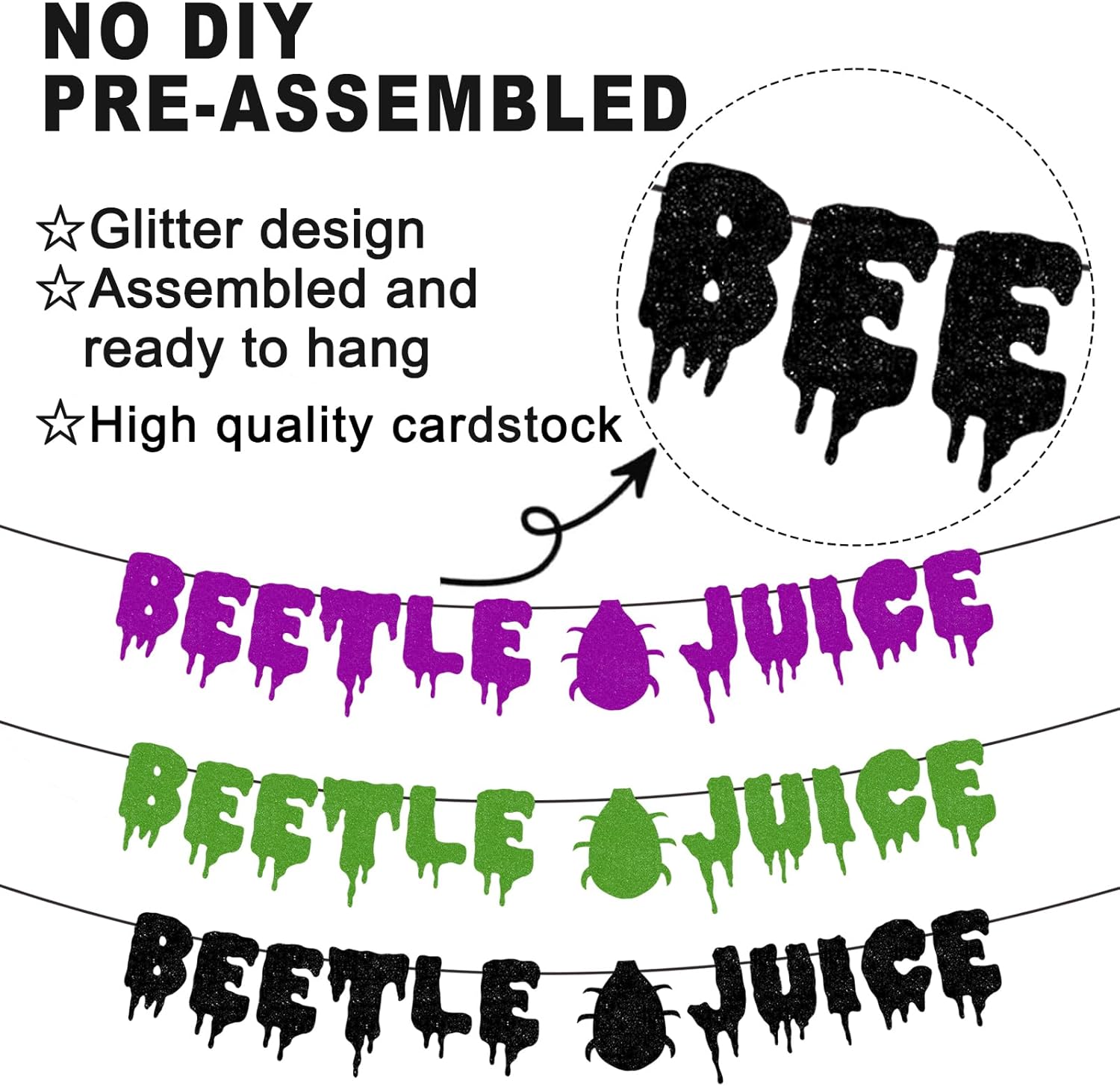 Pre-strung Beetle Party Decorations Banner Halloween Christmas Glitter Decor Banner for Purple Green Halloween Xmas Party Birthday Baby Shower Decorations - Image 5