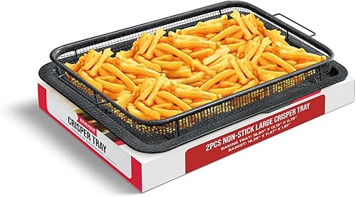 Bakken - Bandeja Swiss Crisper con revestimiento de mármol gris, juego de 2 piezas, diseño de cesta antiadherente para cocinar más saludable en