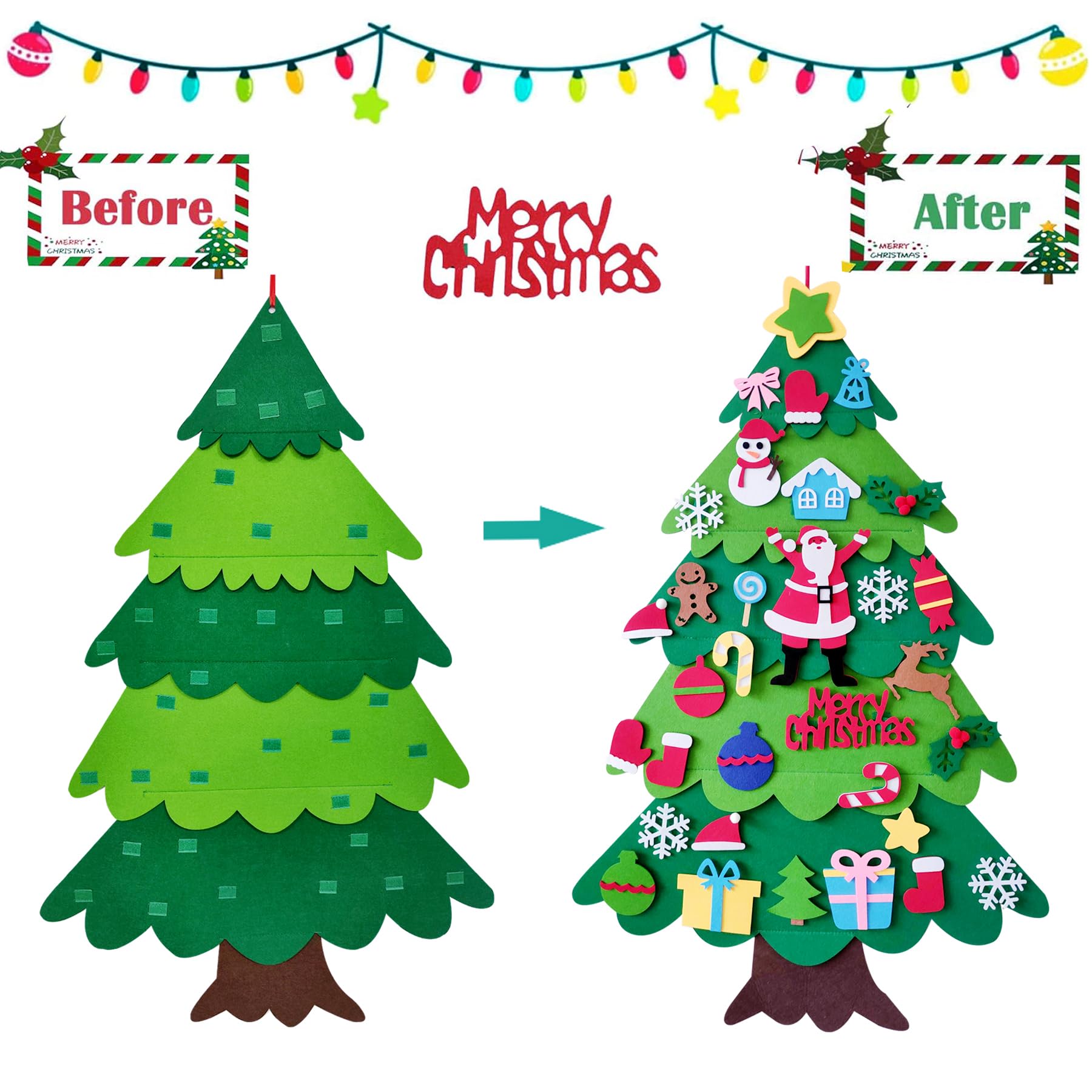 OUQIWEN Feltro Albero Natale,100 cm DIY Albero Natale Feltro Per Bambini Con 32 Staccabili Ornamenti,Decorazioni Natalizie Da Parete Per Porte