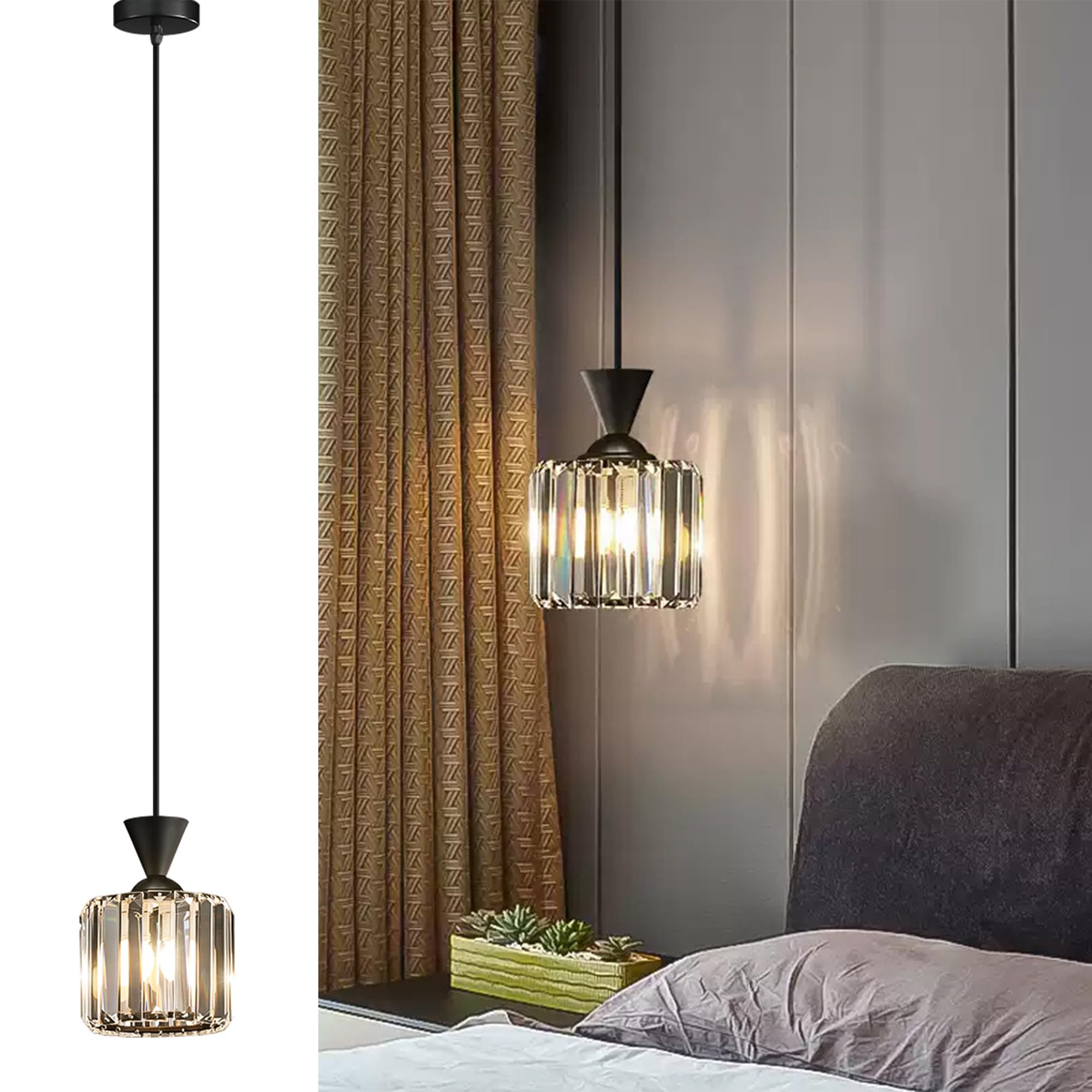 KarlpaSW Crystal Ceiling Pendant Light Black,E27 Modern Hanging Lights Max 60W,ø12CM Adjustable Height Pendant Light Fitting for Kitchen Island Dining Room Loft Bedroom Living Room(Bulb Not Included)