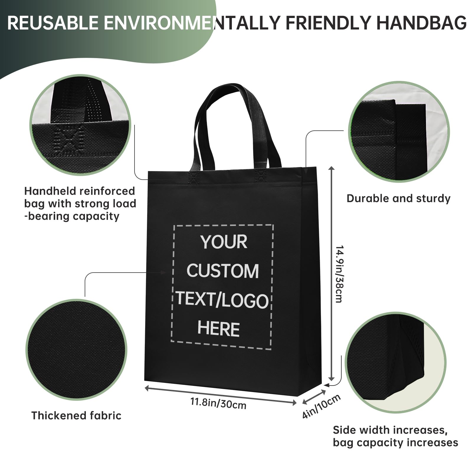 JEOHLORY discount promos custom reusable grocery tote bags - 50 pack - personalized logo, text - large (One color printing, Customized Black)