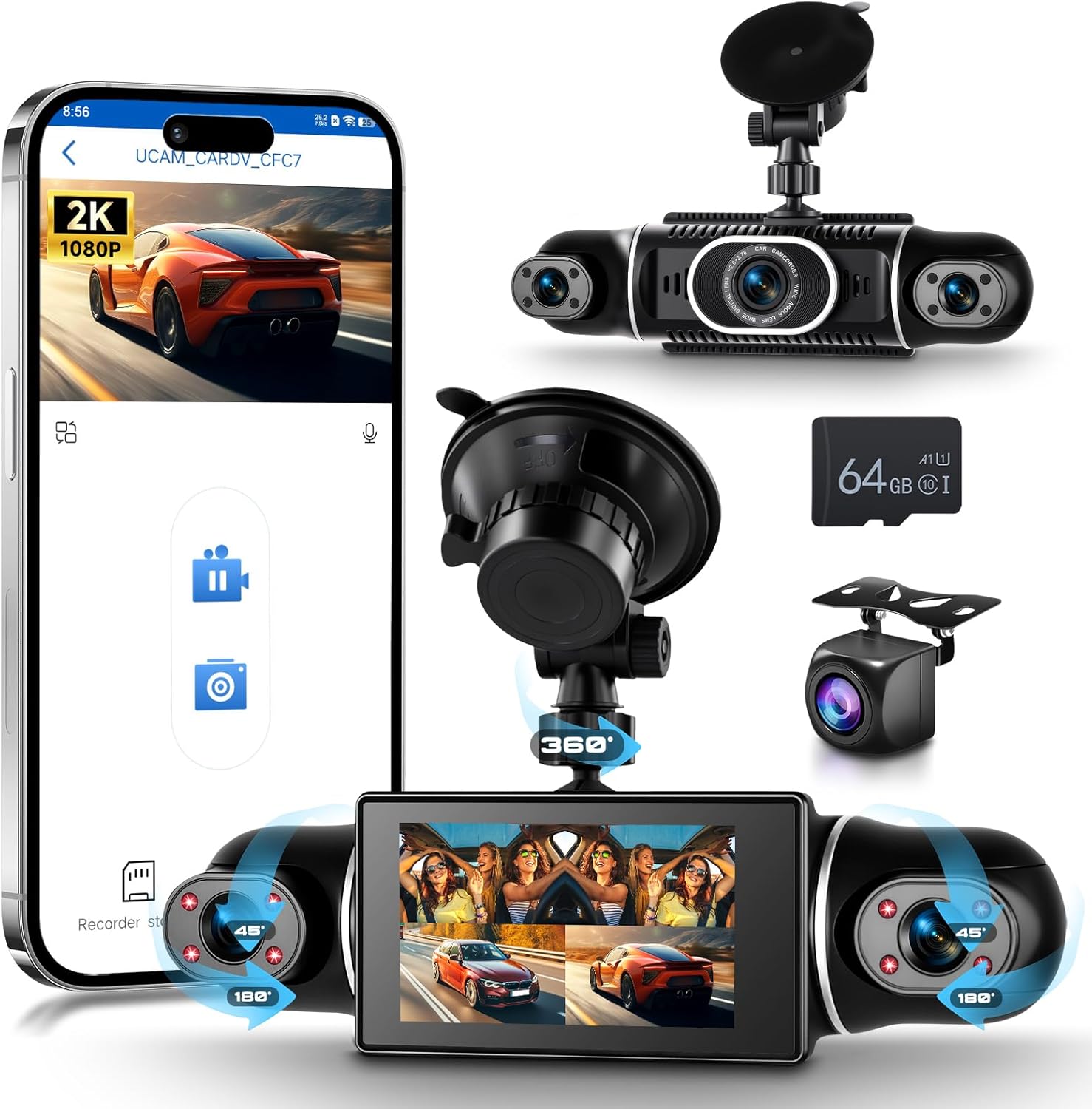 4 Channel 360°Dash Cam Front and Rear Inside Left Right, 2K Dash Camera for Cars Support WiFi,Built-in Night Vision Sensitive Motion Detection 24/7 Recording Parking Mode Monitor Reversing