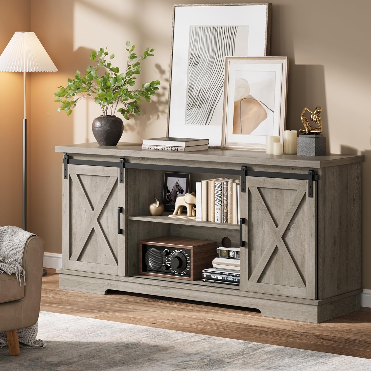 IDEALHOUSE Farmhouse TV Stand for TV up to 65 Inch, Entertainment Center with Sliding Barn Doors and Adjustable Shelves, Mid Century Modern Media Console Table for Living Room, White & Black