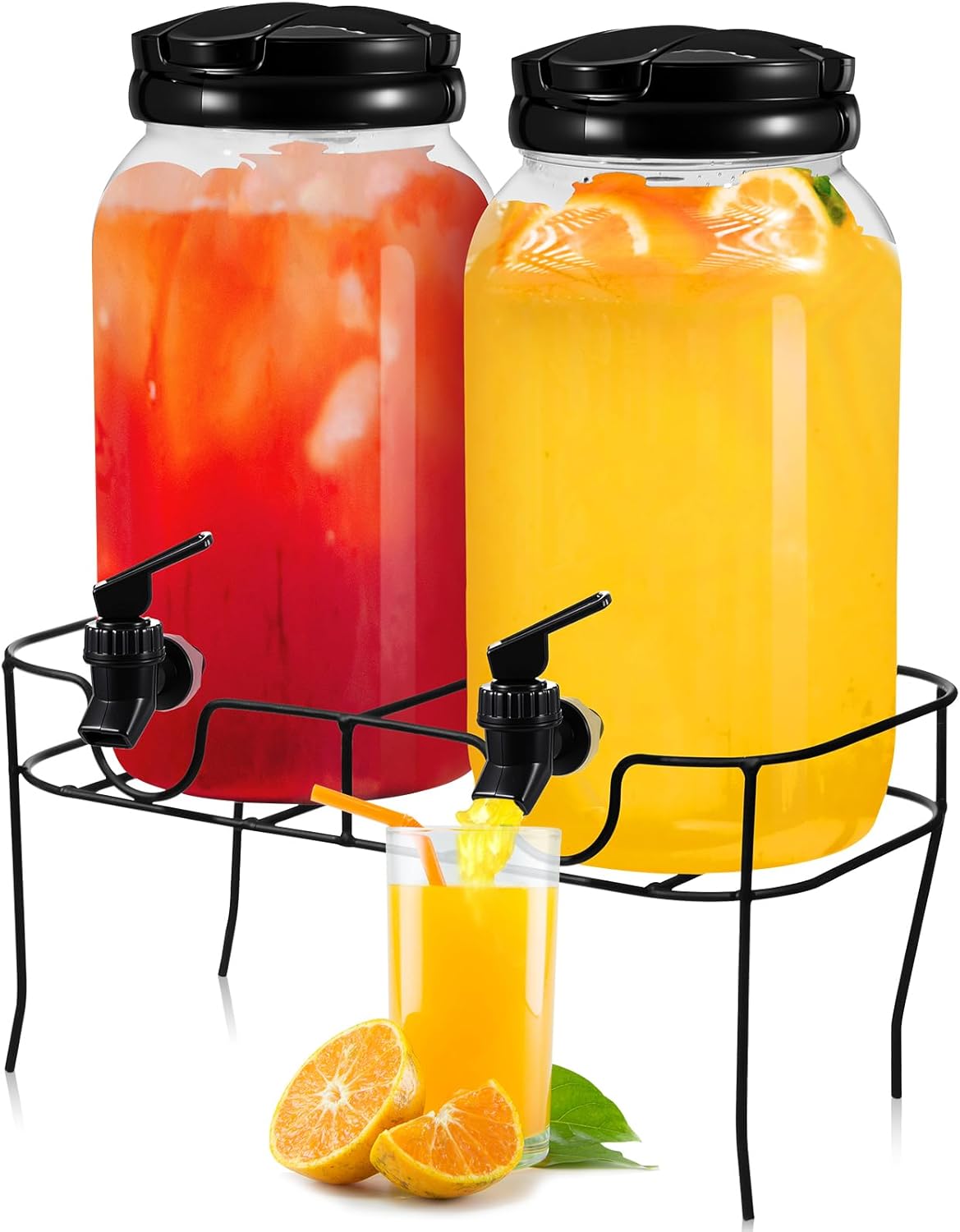 Tanlade Plastic Drink Dispenser with Stand Beverage Dispenser with Sturdy Metal Base Juice Dispensers for Parties Lemonade Jar with Spigot for Weddings Countertop, Each 1 Gallon (Black)