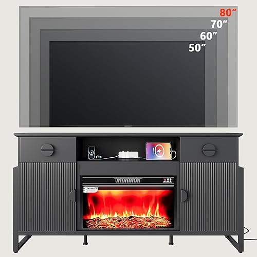Miniatura 9 de LGHM - Soporte de TV con chimenea de 70 pulgadas para televisores de hasta 80 pulgadas, soporte de TV estriado con chimenea de 30 pulgadas y tomas