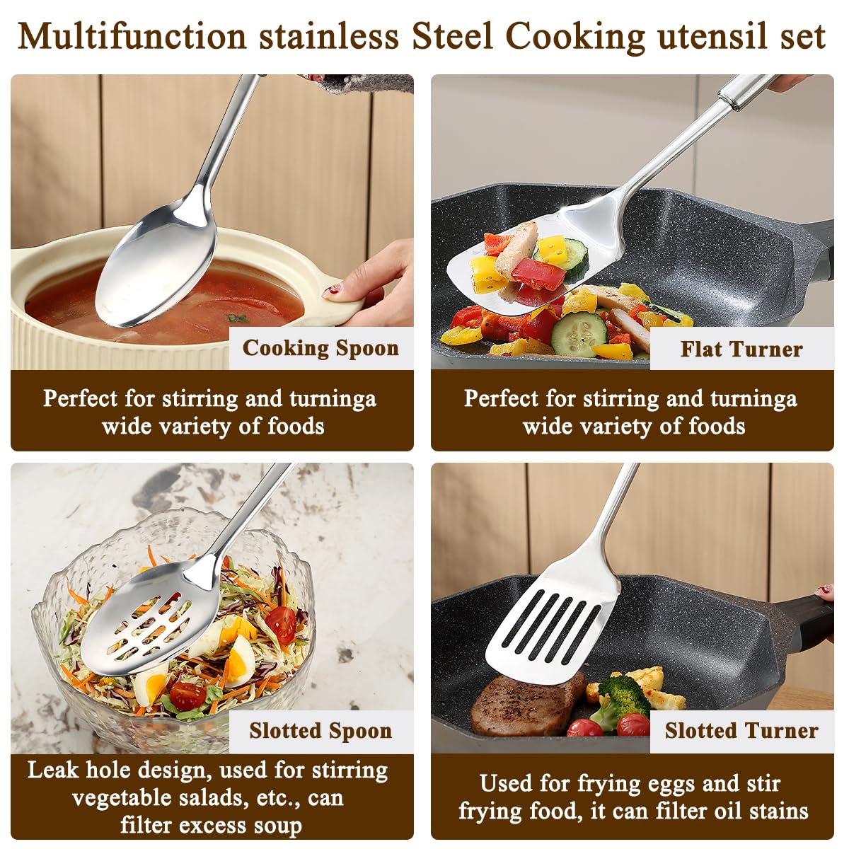 Homquen Stainless Steel Kitchen Utensils Set 4 Pieces, Kitchen Utensils Set, Kitchen Tools Spatula Set, Kitchen Spoon Kitchen Utensils Accessories For