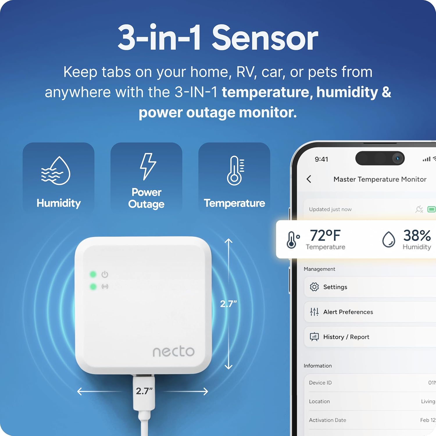 Necto Cellular Temperature Monitor - Remote Power Failure Alarm & Humidity Sensor with Unlimited Alerts. Temp Monitoring System for RV Pet Safety, Vacation Home, Server Room. No Fees or WiFi Required