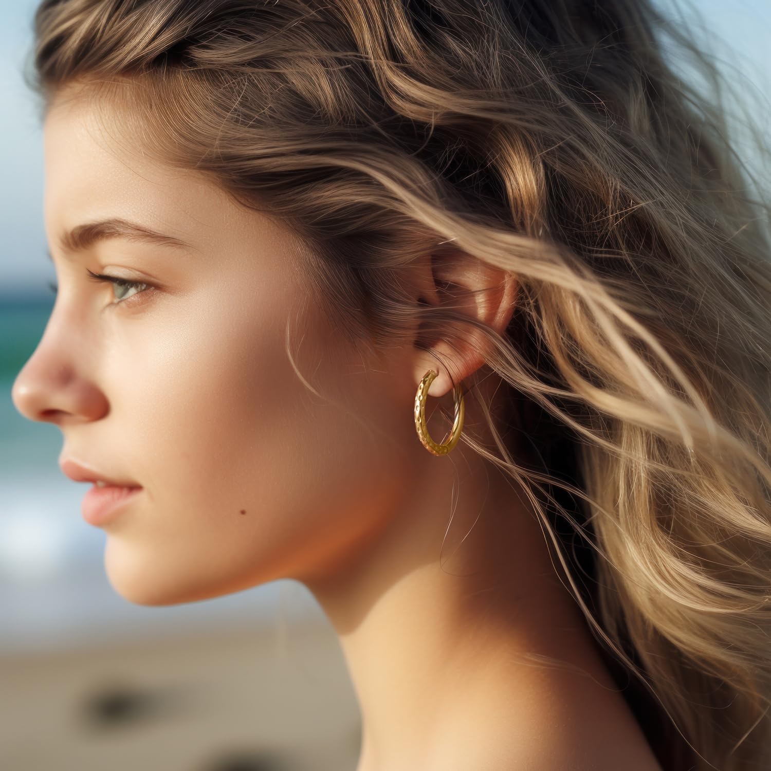 14K Gold Hoop Earrings Hoop Huggie Earrings for Women Dotted Thick Gold Earring 14K Earring Jewelry 23mm - Image 2