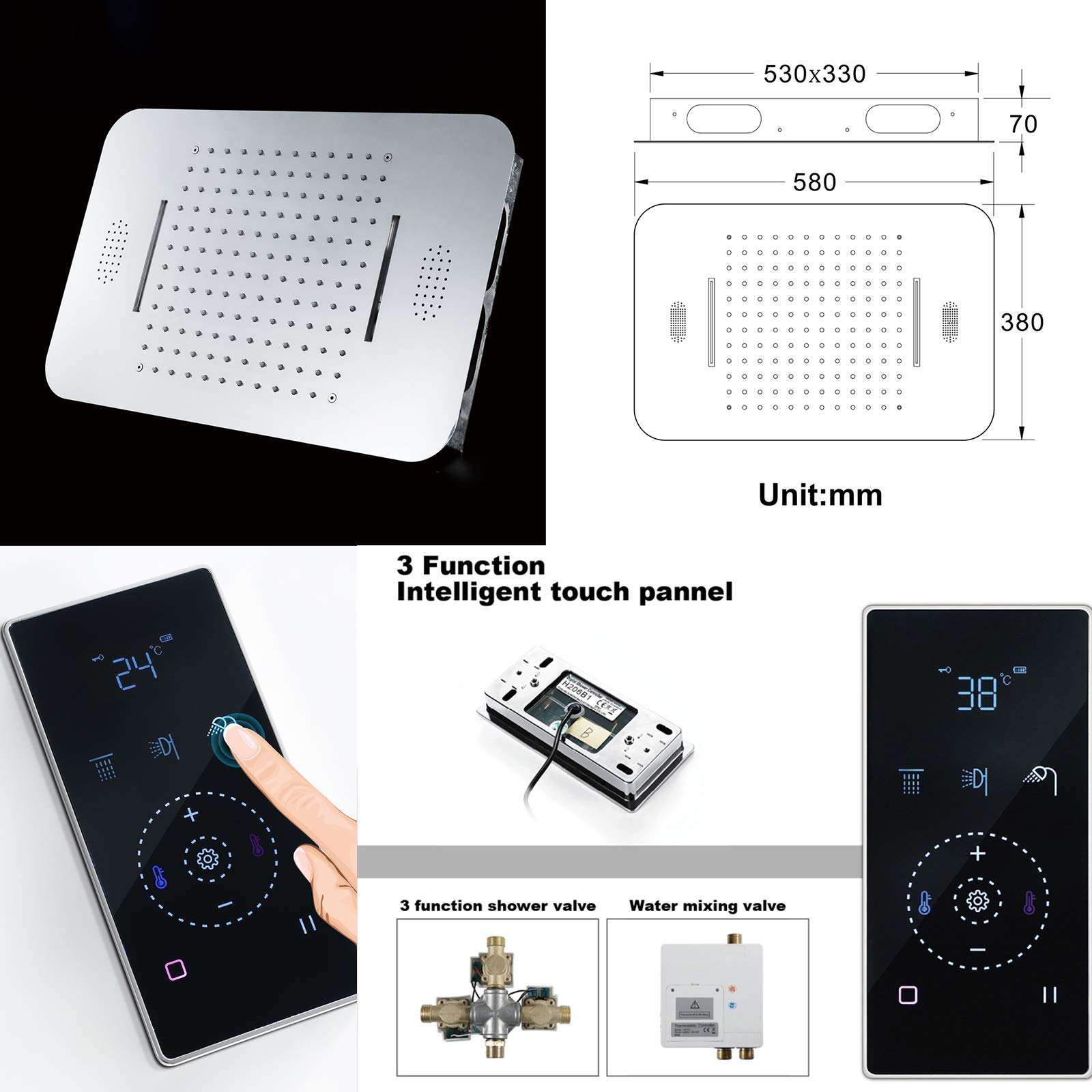 Sistema doccia musicale con LED in 64 colori, set cromato con soffione da 580 mm x 380 mm, doccetta portatile, rubinetto per vasca da bagno, valvola doccia intelligente, controllo touch screen (Touch