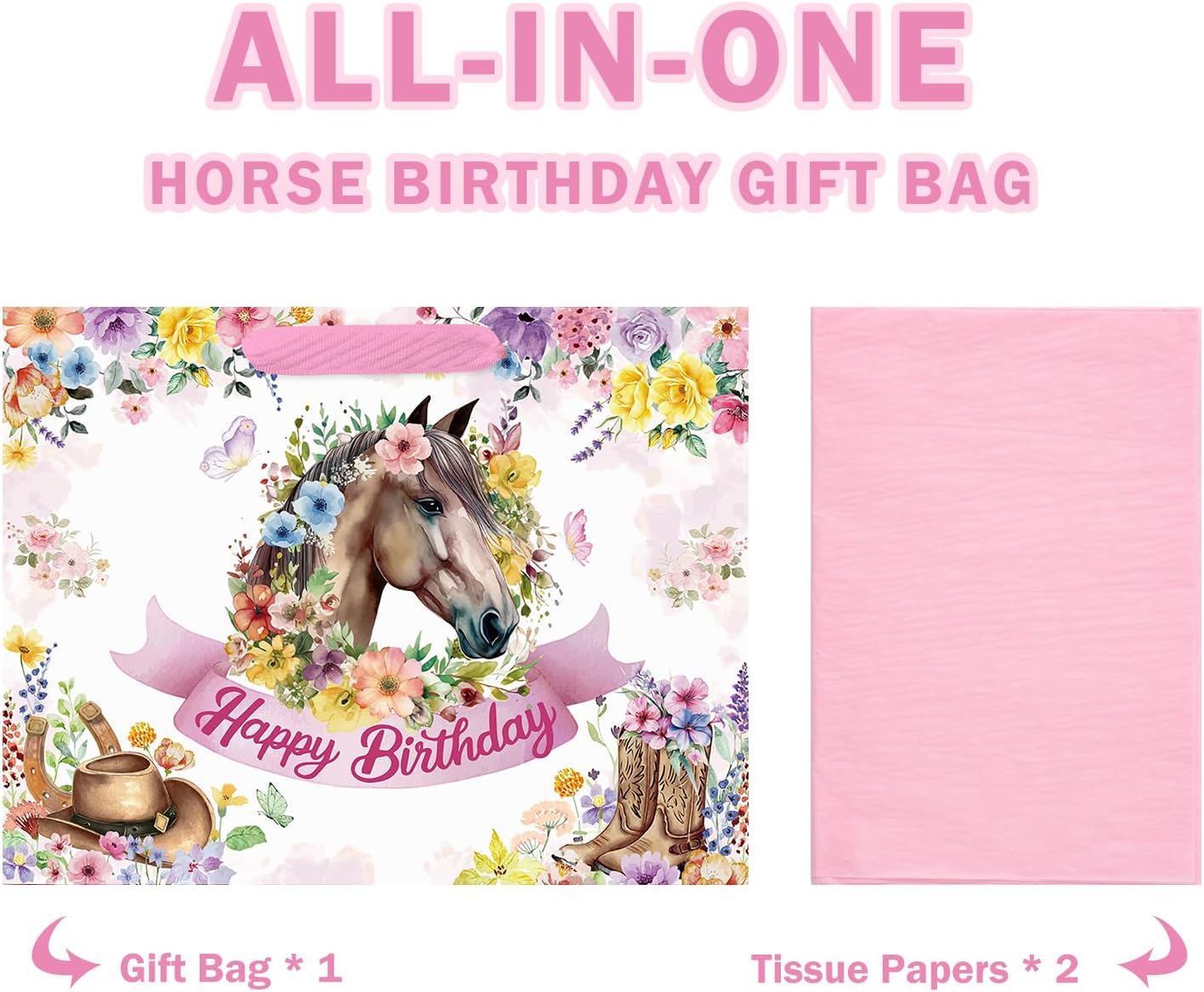 WRAPAHOLIC 13" Large Floral Horse Birthday Gift Bag with Tissue Paper - Watercolor Wreath Horse and Happy Bday Paper Bags for Girls Birthday, Country Party, Wedding, Bridal Shower image 3