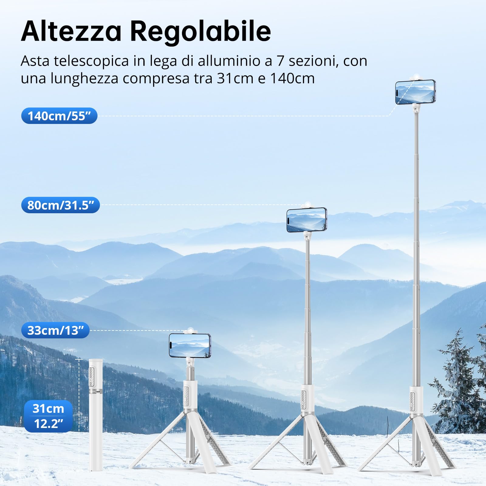 SYNCWIRE Bastone Selfie Treppiede 140cm, Selfie Stick Regolabile con Telecomando Bluetooth Ricaricabile, Asta Selfie in Alluminio Estendibile, Compatibile con iPhone e Smartphone Android (Bianco)