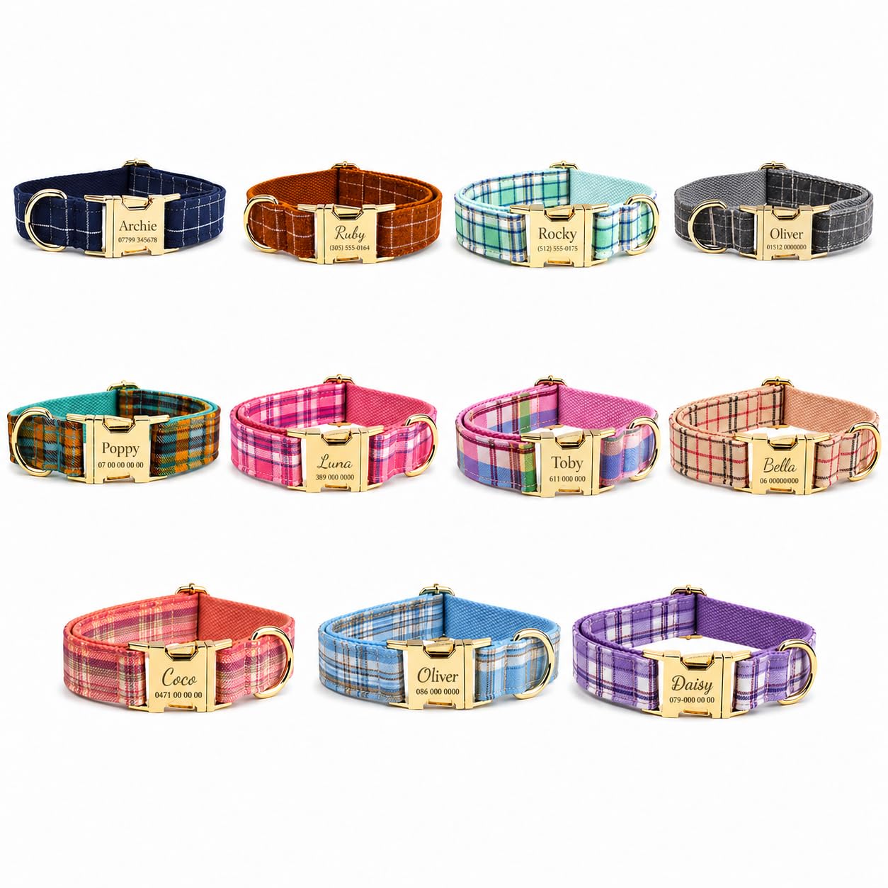 Kiyanest Personalised Plaid Dog Collar, Adjustable Custom Pet Collar with Name and Phone Number, Check Pattern Collar, Collar Lead Harness or Bow Set