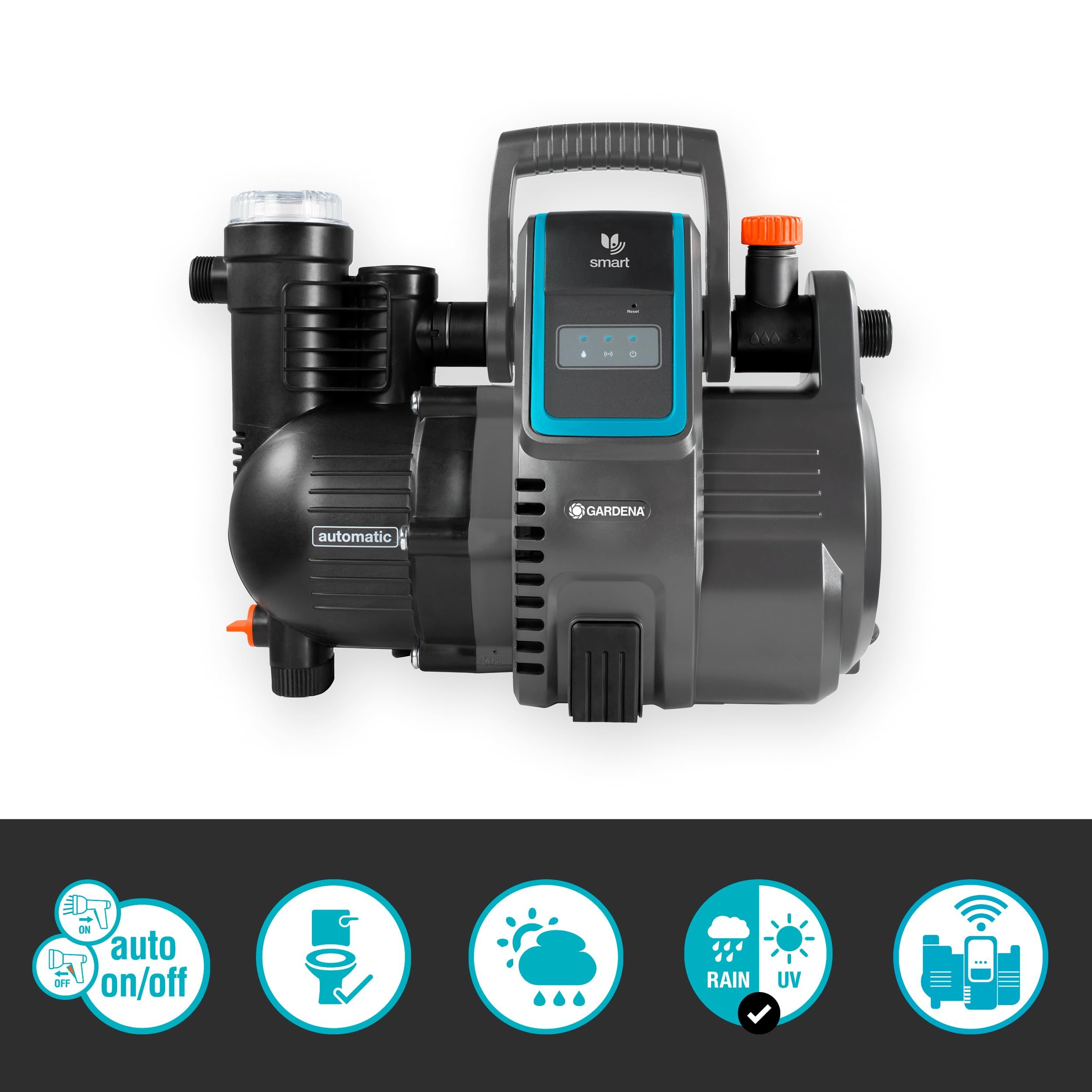Gardena smart Pressure Pump: automat. hydrofor sterowany przez aplikację/tablet, wydajność 5000 l/h, bezobsługowy, filtr wstępny, maks. wys. zasysania 8 m, zabezp. przed pracą na sucho (19080-20)