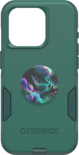 Paquete OtterBox iPhone 15 Pro (solamente) Commuter Series Case - (GET YOUR GREENS) + PopSockets PopGrip (OIL AGATE), delgada y resistente, apta